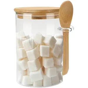 Glass Sugar Container with Spoon - 1 Pack 15oz Glass Jars with Bamboo Lid and Spoon, Bamboo Lid Storage Jar Containers for Coffee Beans, Spice, Brown Sugar, Tea, Flour, Nuts, Candy, Salts and More