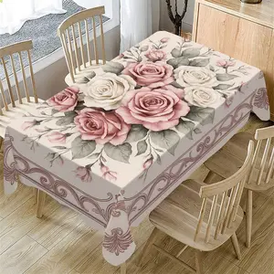 Rectangular Tablecloth with Rose Pattern, Rectangle Tablecloth, Indoor and Outdoor Use, Coffee Shop, Home Kitchen Decor, Wedding, Party, Restaurant, Picnic