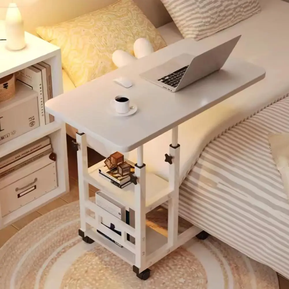 White Height-Adjustable C-Shaped Rolling Standing Desk - Mobile 60x40cm Study Table with Wheels, Storage Drawer for Couch, Living Room, Adjustable Standing Desk