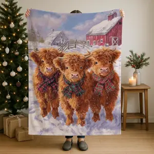 Highland Cow Plush Blanket, Cozy Sherpa & Velveteen Rustic Decor, Gift For FarmerChristmas GiftAnimal Lovers' Gift, Cute Animal,Nature Blanket,Gift for Kids