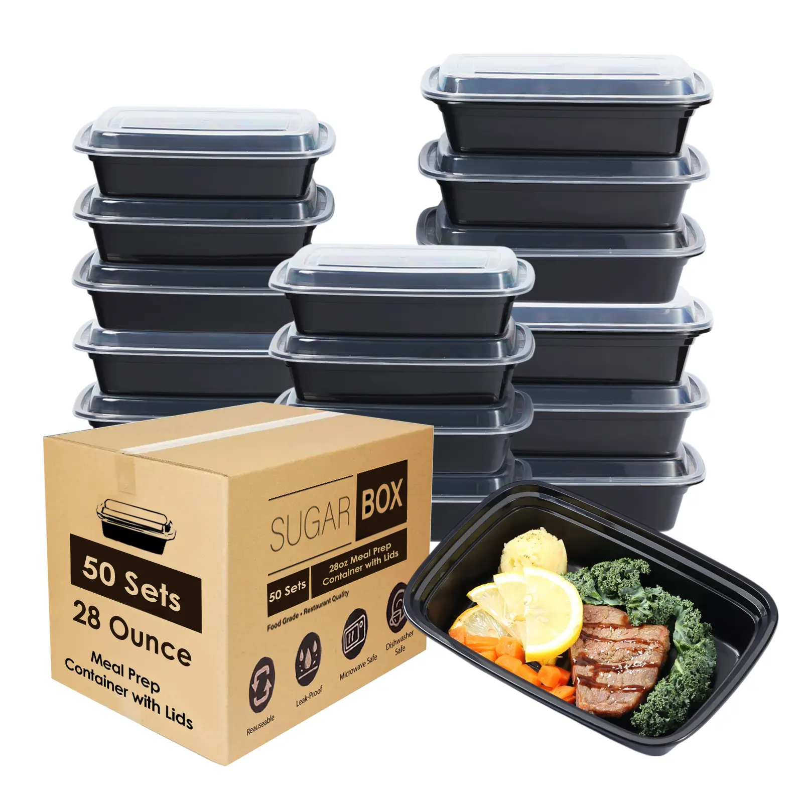 28oz 50/150pk Rectangle Black Meal Prep Containers with Lids, Party Plates, Catering Plates, Reusable, Stackable, and Microwave Safe