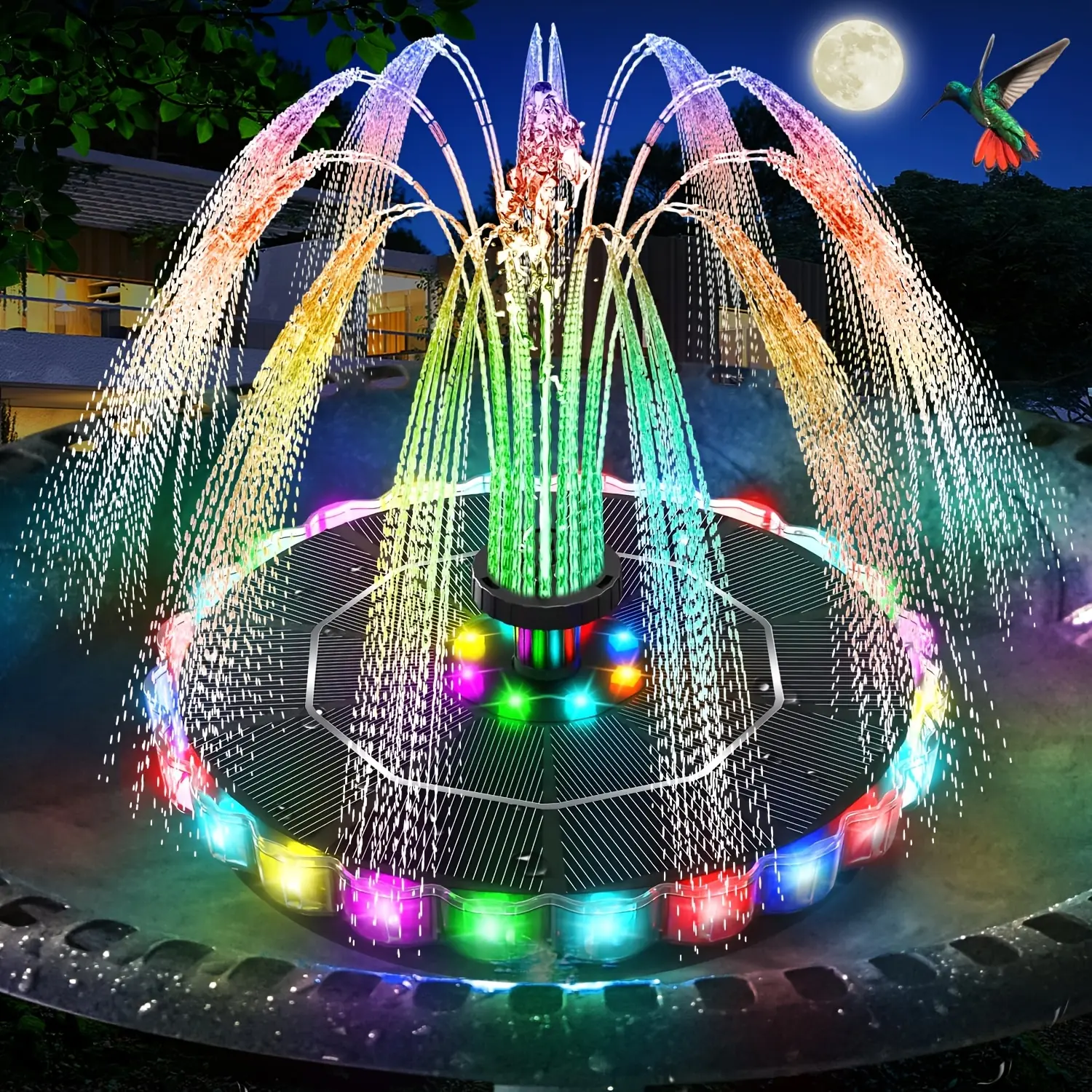 IPX8 Waterproof, 2026 Upgraded 3.5W Solar-Powered Bird Bath Fountain with Colorful Ring LED Lights, 8 Nozzles, and 4 Mounts; Solar-Powered Water Fountain Pump; Suitable for Ponds, Pools, Patios, and Gardens