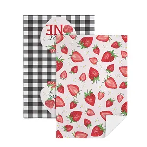 2Pcs Summer Guest Towels, Sweet Strawberry Gingham & Lemon Stripe Decorative Kitchen Towels, Purple Hydrangea Plaid Hand Towels for Home Decor, 16x24 Inch