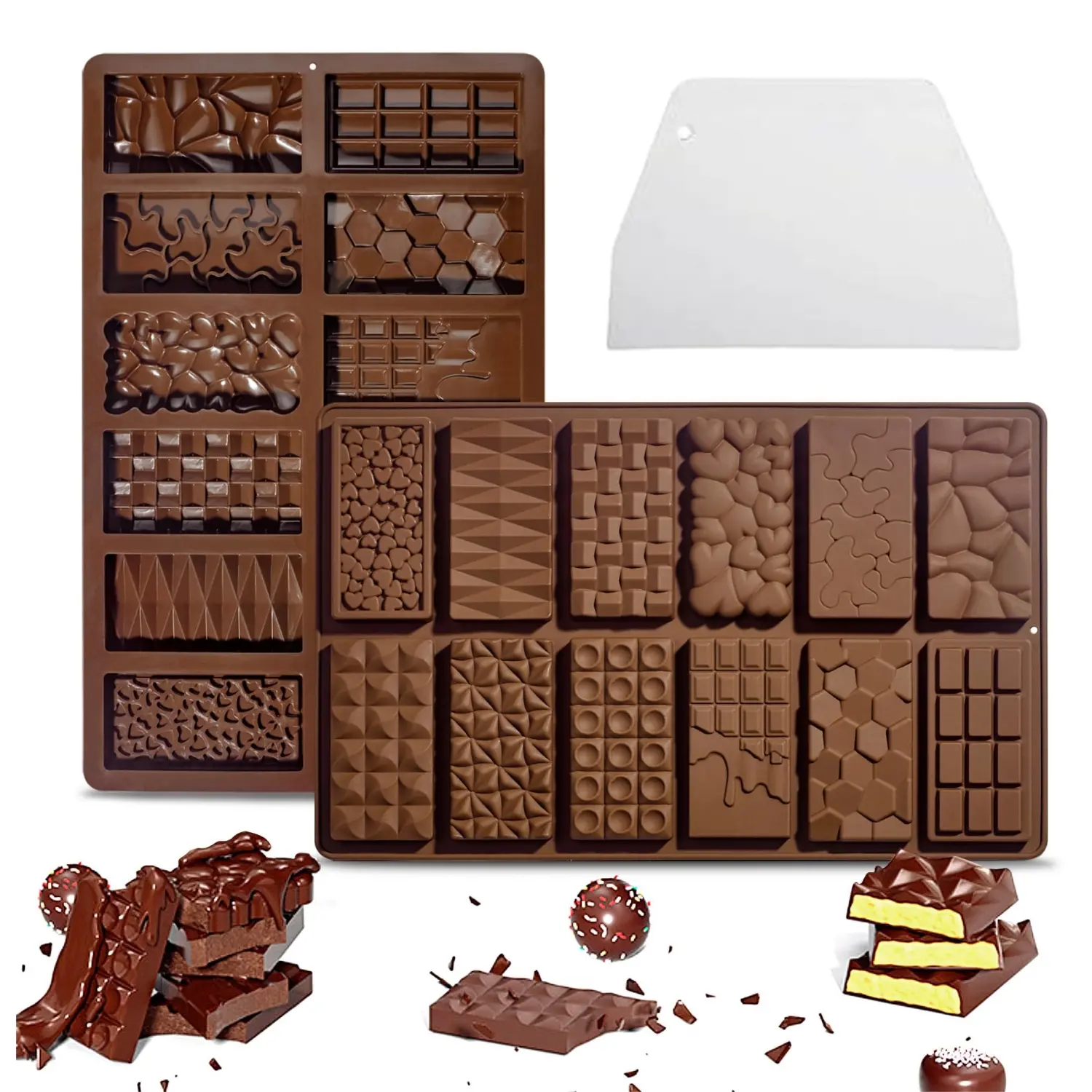 2Pcs/Set Chocolate Silicone Molds with Scraper,12 Cavity Food Grade Non-Stick Baking Molds for Candy,Ice Cubes,Soap Making,Christmas Party Gifts,DIY Hand Tools Kits