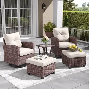 【4 Packages Shipping】LayinSun 5 Piece Outdoor Wicker Swivel Rocking Glide Chairs with Ottoman and Coffee Table, Conversation Set with Comfy Cushions for Garden, Backyard, Porch