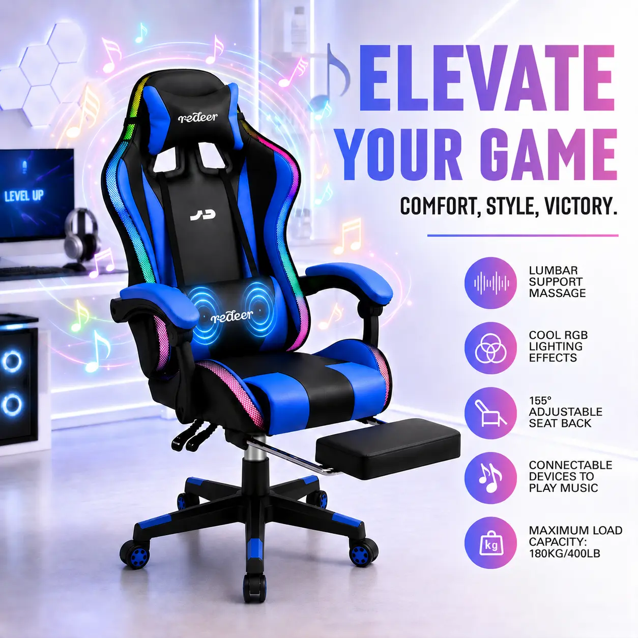 Redeer 400lb Capacity RGB Lighting PU Leather Gaming Chair, High Back Perforated Reclined Swivel Computer Seat with Footrest, Lumbar Cushion, Headrest, Adjustable Arms, Single User, Complete Kit, 1×Installation Manual, Portable Outdoor Lawn Option, Comput