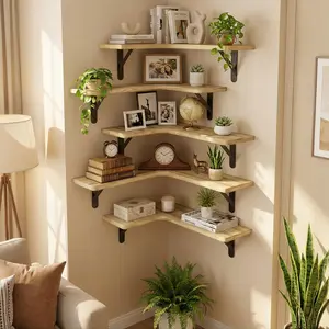 Farmhouse Rustic Corner Floating Shelves Set of 5 - Wall-Mounted Wooden Decor Shelves for Room, Easy Installation