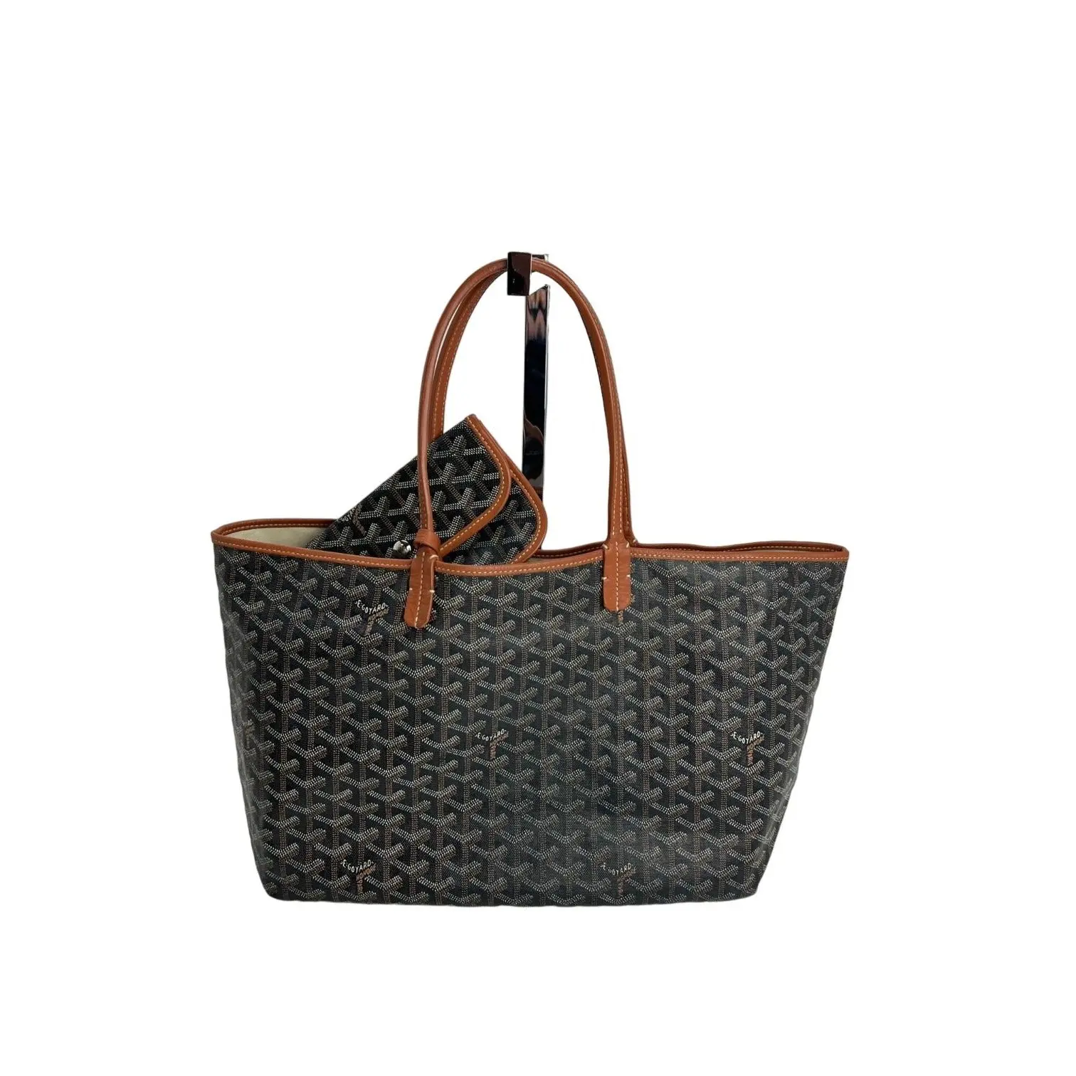 Pre-owned Goyard Canvas Tote Bags Resale Goyardine St. Louis PM Black Tote Bag 5.5 in, 18 in, Silver Accents, H 11'' X L 18'' X W 5.5''