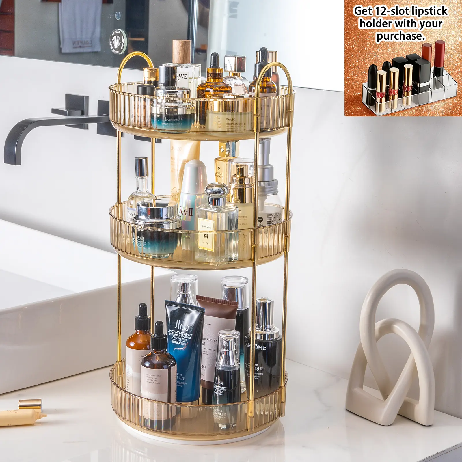 360° Rotating 3-Tier Gold Tray | Raised Guardrail Design for Large Skincare & Perfume Bottles | Bonus: 12-Slot Lipstick Holder Countertop Storage Cosmetics Organizer Storage