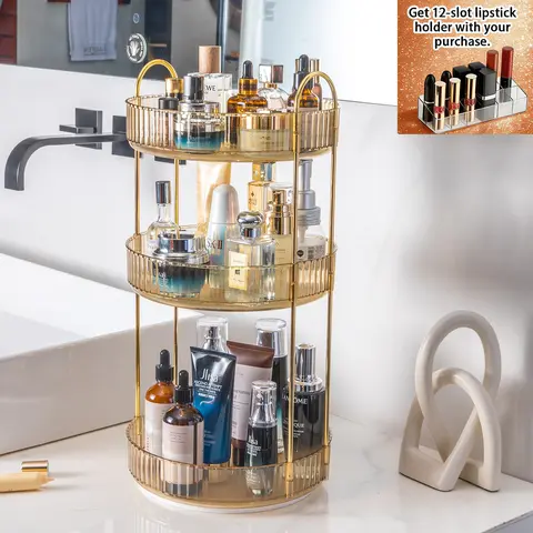 360° Rotating 3-Tier Gold Tray | Raised Guardrail Design for Large Skincare & Perfume Bottles | Bonus: 12-Slot Lipstick Holder Countertop Storage Cosmetics Organizer Storage