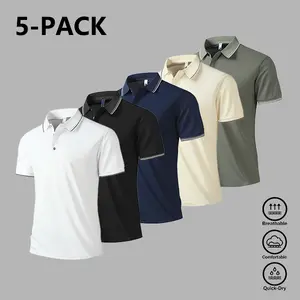 Men’s 5-Pack Quick-Dry Piqué Polo Shirts, Breathable Collared Short-Sleeve Tops, Ideal for Office Commutes, Golf, Everyday Casual Wear, 5 Neutral Colors Multipack