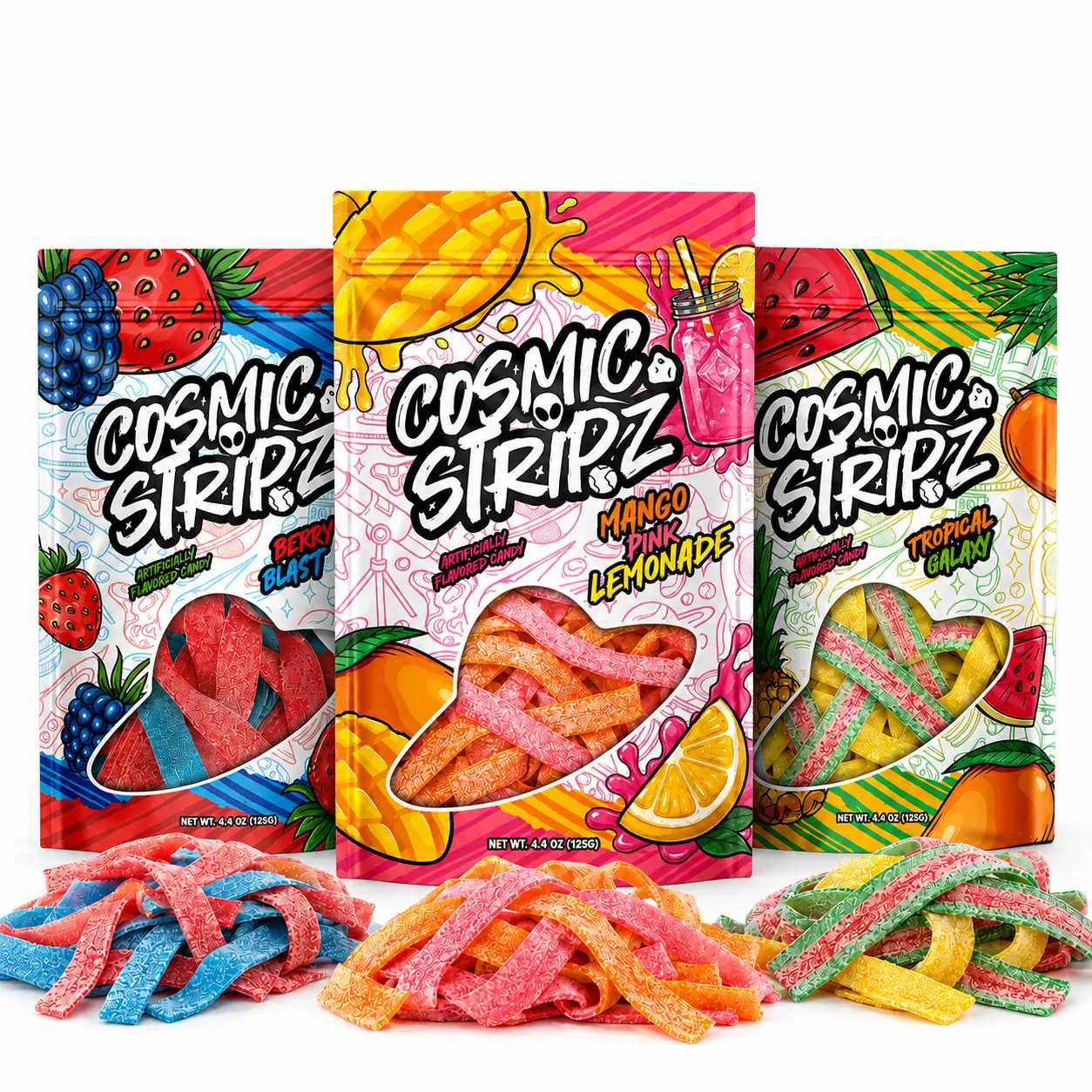 Sour Belts Candy Variety Pack 3 Bags - Cosmic Stripz Galactic Trio | Strawberry Blue Raspberry, Mango Pink Lemonade, Tropical Pineapple Mango Watermelon 4.4oz Resealable