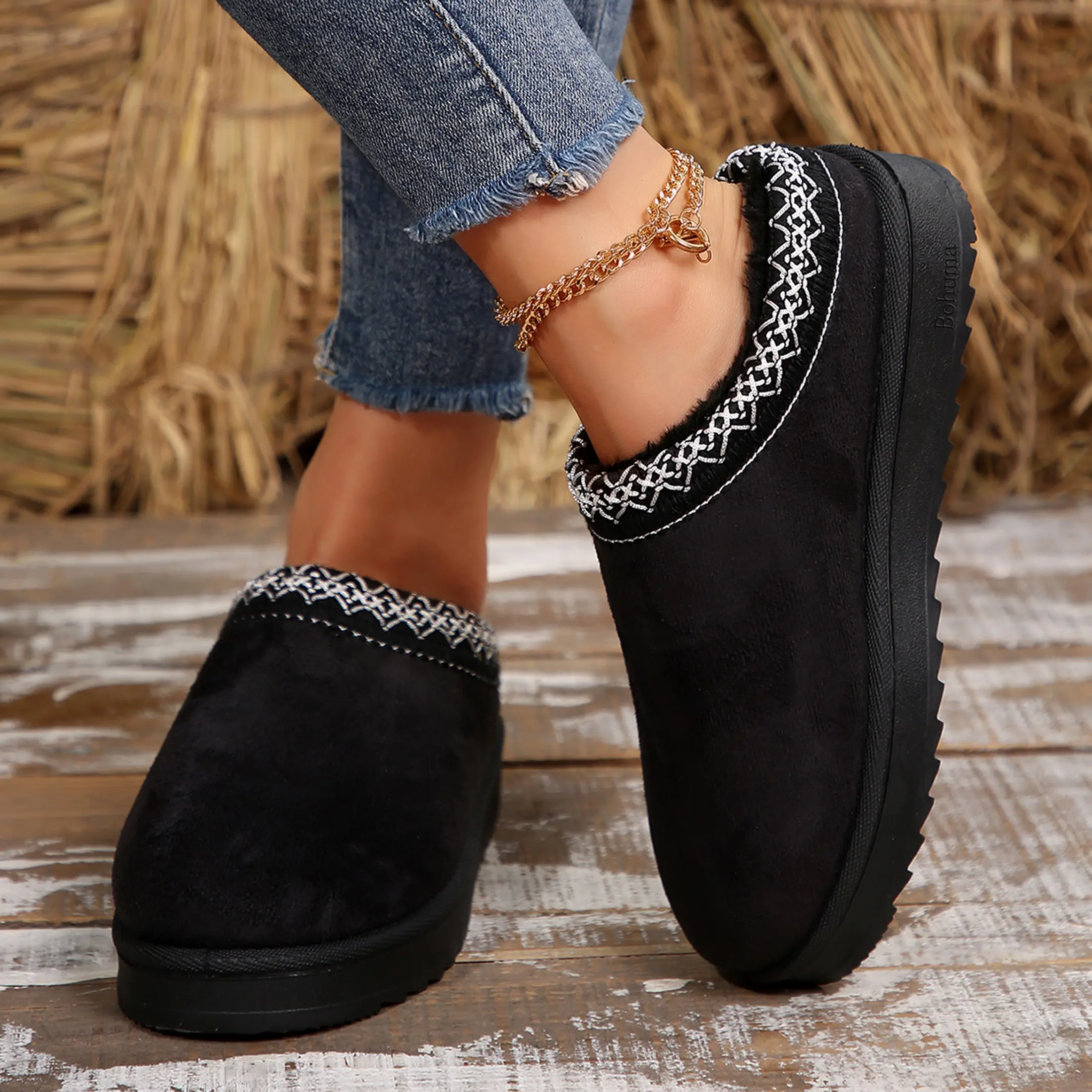 Women's Slippers Platform Mini Boots With Thickened Flat Boots Lining Warm Shoes Outdoor Non Slip Boots Black