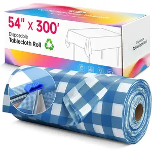 Plastic Table Cloth Disposable, 54IN X 300FT Table Cover Roll, Disposable Tablecloth with Slide  for Rectangle Round Tables, Party Tablecloths for Birthday, Wedding, Picnic, Party ( Blue Plaid)