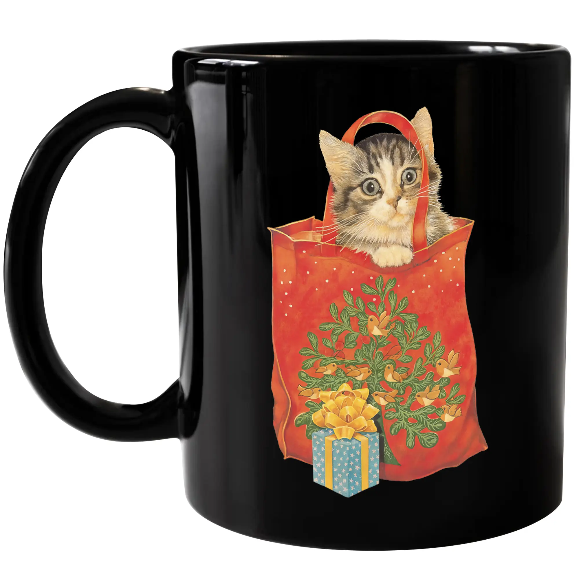 CupiCo Vintage 90s Christmas Cat Ceramic Mug, Retro Jolly Cat Holiday Coffee Mug, Cat Mom Holiday Tea Cup, Animal Lovers Christmas Mugs