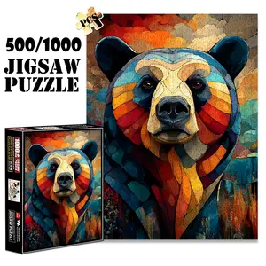 1pc 1000 piece adult puzzle 70x50cm Colorful Abstract Bear Portrait 500 pieces of paper jigsaw puzzle, suitable for adults and families, large-scale DIY puzzle interactive toy games, birthday holida