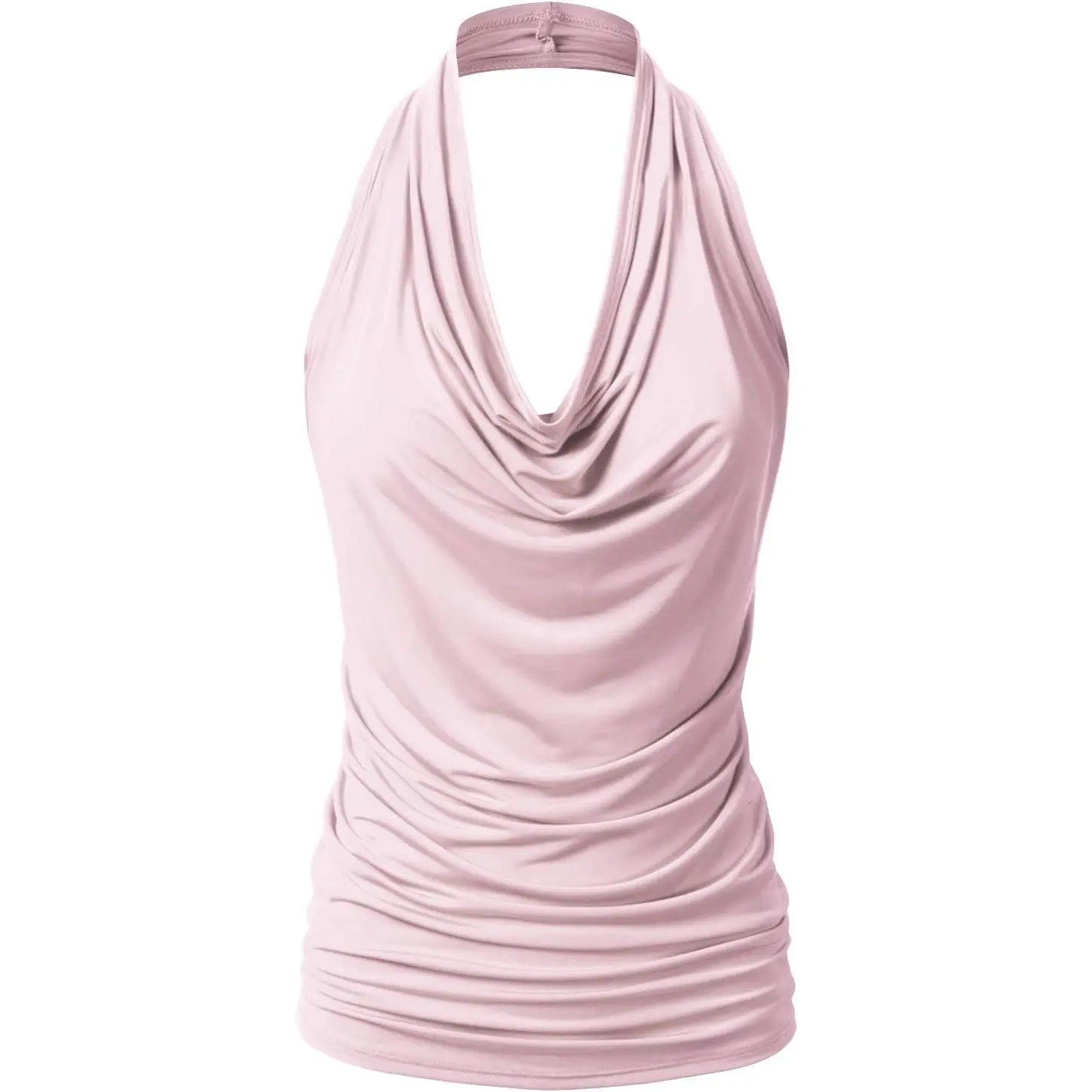 Women's Halter Neck Sleeveless Casual Tank Top - Draped Front, Backless Cut, Adjustable Ties, Lightweight Breathable Polyester Spandex Fabric, Form-Fitting, Asymmetric, Back Tie Detail, Camisole (Refer to Size Chart), Style