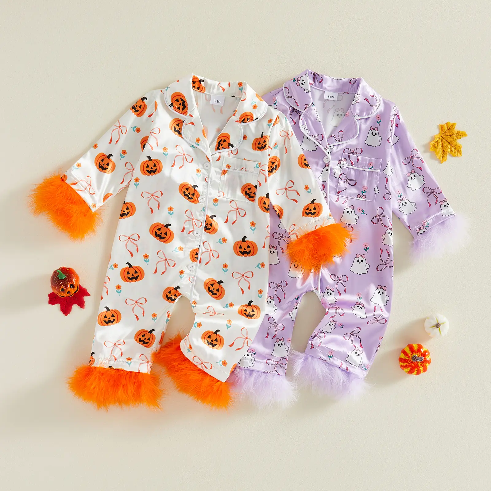Infant Baby Girl Halloween Pajama Ghost/Pumpkin Fuzzy Trim Long Sleeve Button-up Jumpsuit Cute Fall Sleepwear 0-24 Months