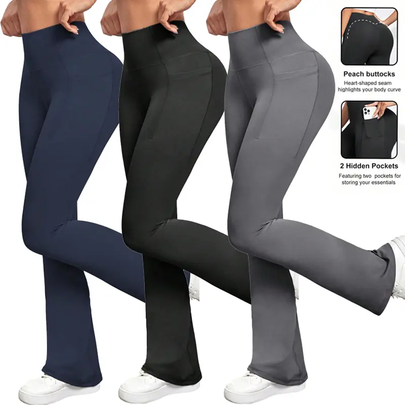 Kabuer Women's High-Waisted Compression Flared Leggings with Pockets - Lightweight, No-Slip, 4-Way High-Stretch Quick-Dry Nylon Elastic Pants, Breathable Athleisure for Gym, Yoga - Casual, Extra Active Women's Sports Bottoms, Casual Women's Sports Legging