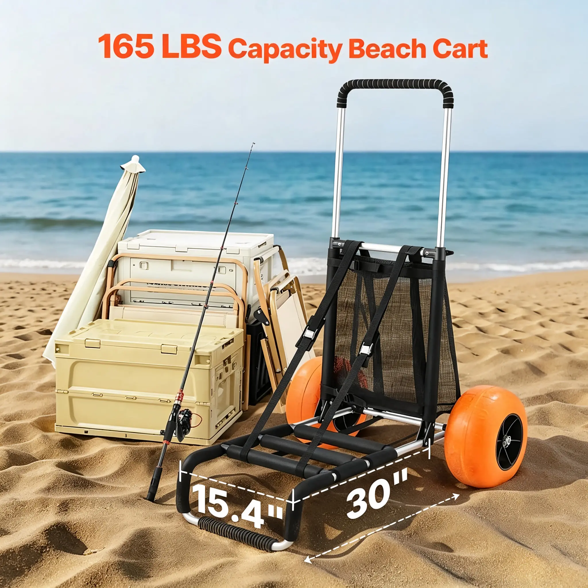 VEVOR Heavy-Duty Beach Cart - Compact Folding Trolley, 29.9"x15.4" Cargo Deck, 12" Foam Solid Sand Wheels, 165LBS Capacity, 27"-44.7" Adjustable Height, Straps Hold Gear for Beach, Outdoor Gardening Transport#BackToSchool