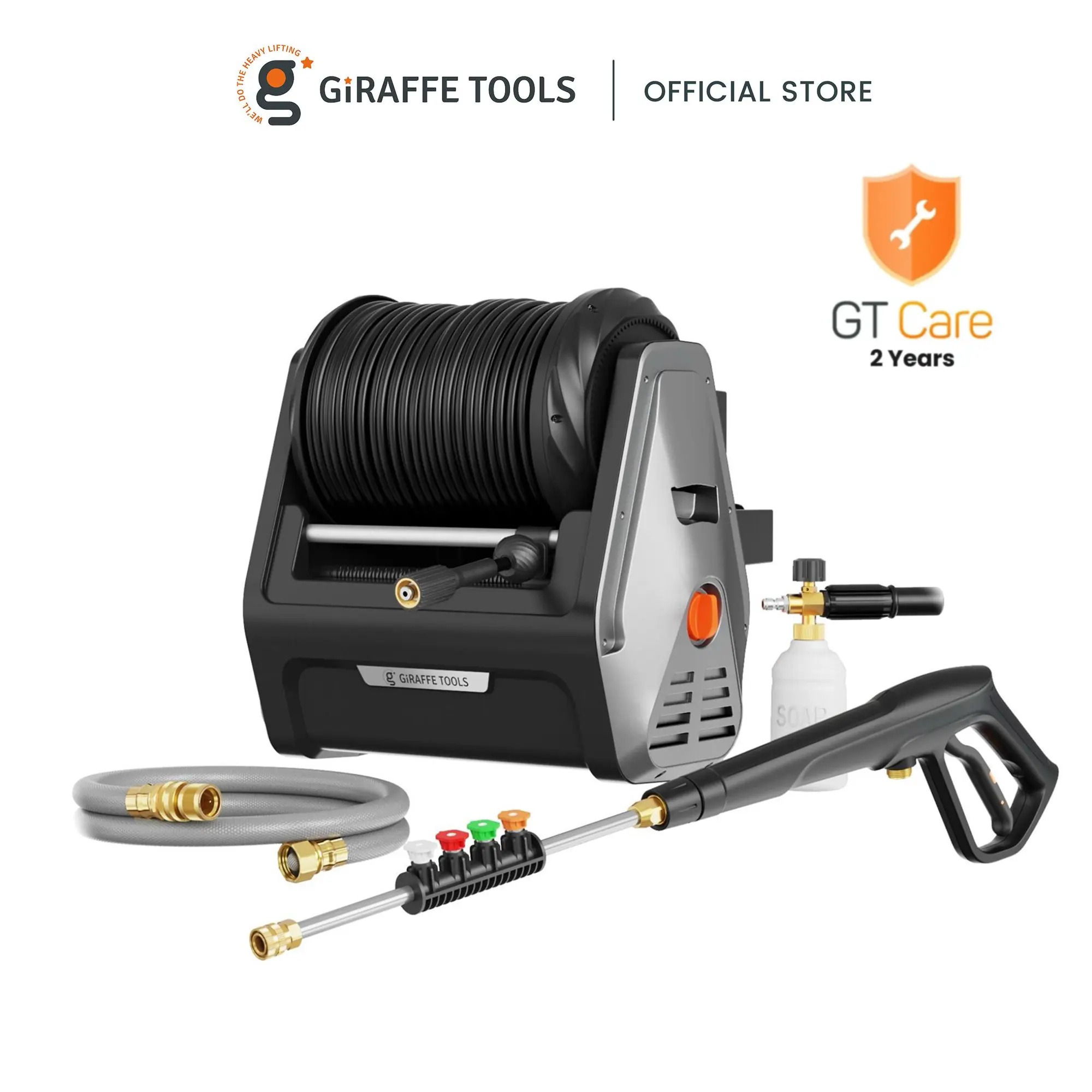 [BackToSchool] Giraffe Tools Grandfalls Retractable 2900 PSI & 2.2GPM Pressure Washer Essential with 100ft 2X Lower Noise for quite, Replaceable Hose 5 Spray Nozzles Easy Cleaning Anywhere