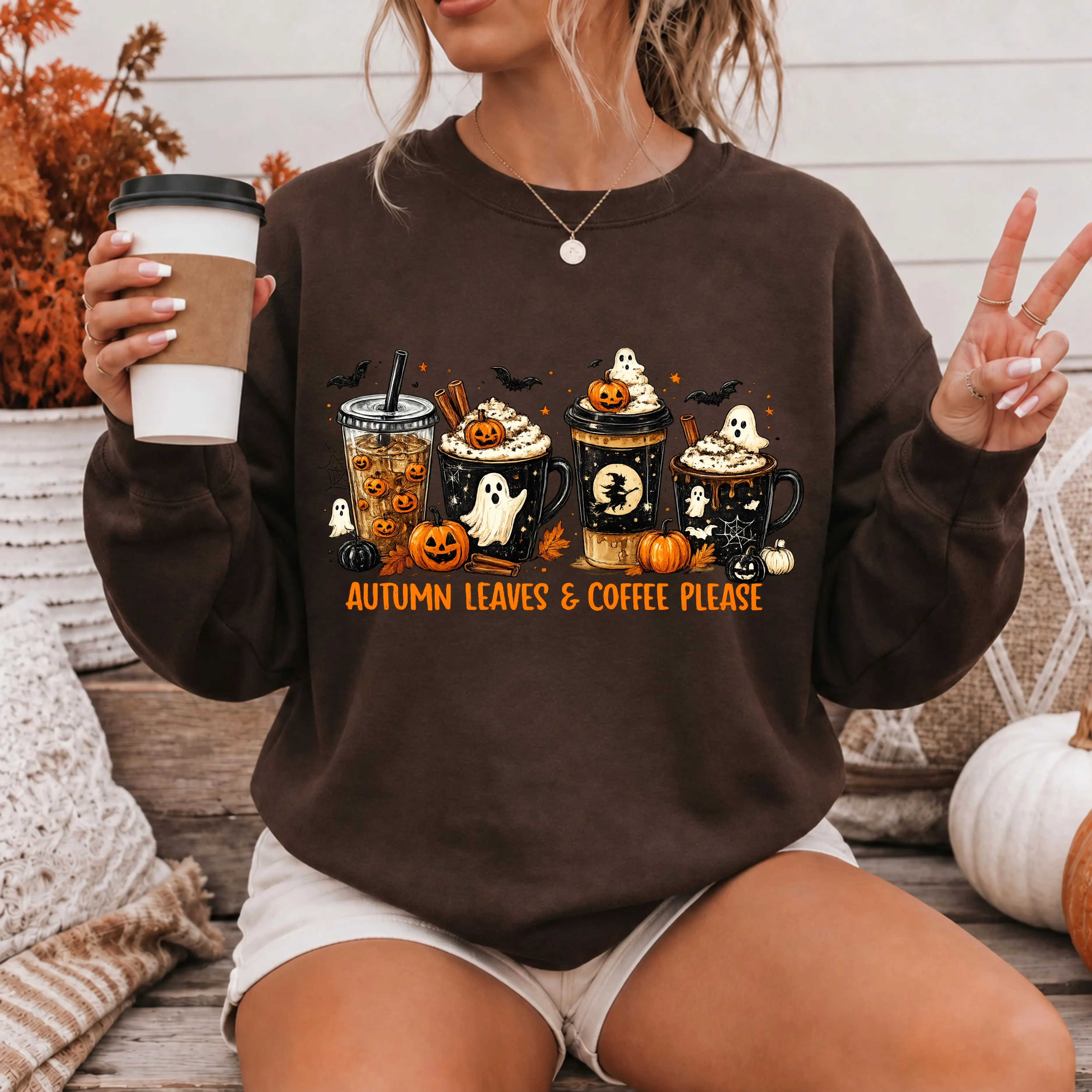 Gildan Autumn Leaves And Coffee Please Sweatshirt, Cute Spooky Coffee Graphic Crewneck, Ghost And Pumpkin Sweatshirt, Trendy Gift for Women, For Woman