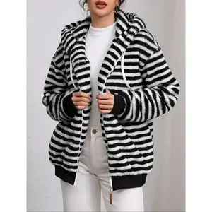 NewStriped Plush Hoodie Jacket, Casual Fleece Lined Coat with Drawstring, Long Sleeve Winter Outerwear for Women & Men Can be used with a raincoat1123
