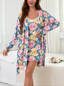 Sweet Floral Print Women's Long Sleeve Robe + Cami Dress Set, Elegant Comfortable Sleepwear Suit, Casual Home Wear, Spring & Fall Fashion