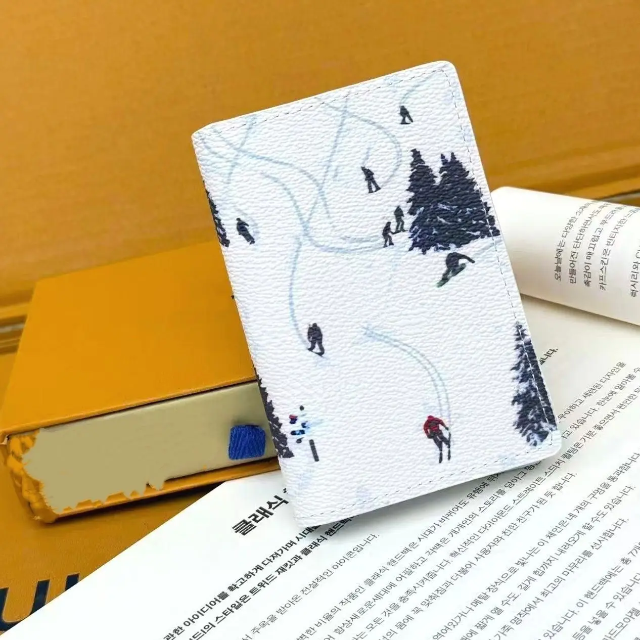 Winter Ski Resort Card Holder for Men & Women, Slim Leather Credit Card Wallet, Snow Mountain Landscape RFID Card Case with Box