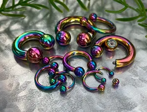 PAIR of Unique Rainbow Titanium Anodized Circular Barbell Horseshoe Ring - 18g thru 2g and Assorted  Ball Size!!
