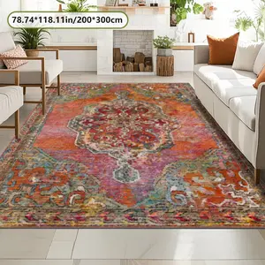 Velvet Soft Comfort Persian Ethnic Colorful Pattern Print Rug, Home Decor Carpet, Living Room Large Mat, Sofa Pad, Bedroom Bedside Mat