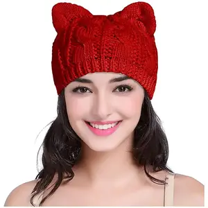 Cute Cat Ear Knit Cable Rib Beanie  For Women Men Girls Boys hat