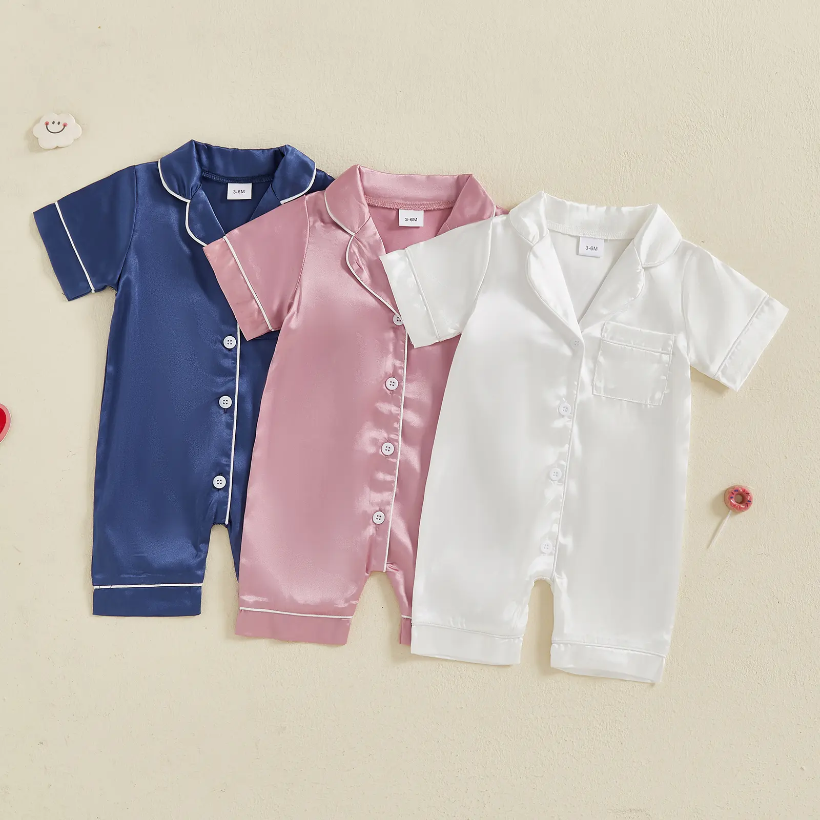 Newborn Baby Silk Short-Sleeve Button-Down Satin Jumpsuit, Infant Sleepwear, Toddler Pajamas, Soft Loungewear for Boys & Girls