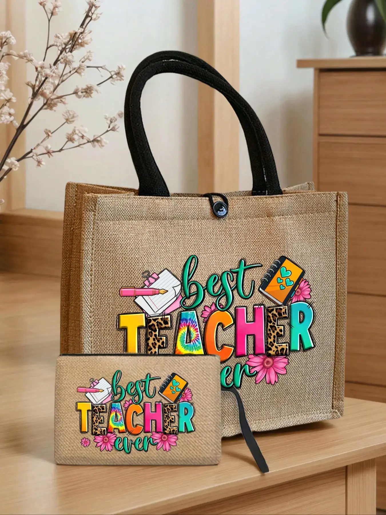 Teacher Alphabet Printed Linen Handbag, Handbag Printed With Fountain Pens, Floral Patterns, Big Bag With Small Bag, Teacher's Thank You Gift, For Shopping Outfits, Shopping Purse, For Birthdays, Holidays, Fashionable Bags