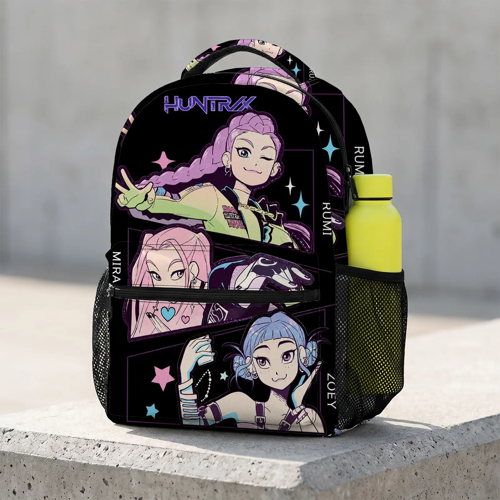 HUNTRX Anime Girl Group School Backpack for Girls Teens, Black Aesthetic Manga Bookbag with Laptop Compartment, Rumi Mira Zoey Comic Daypack with Chest Strap