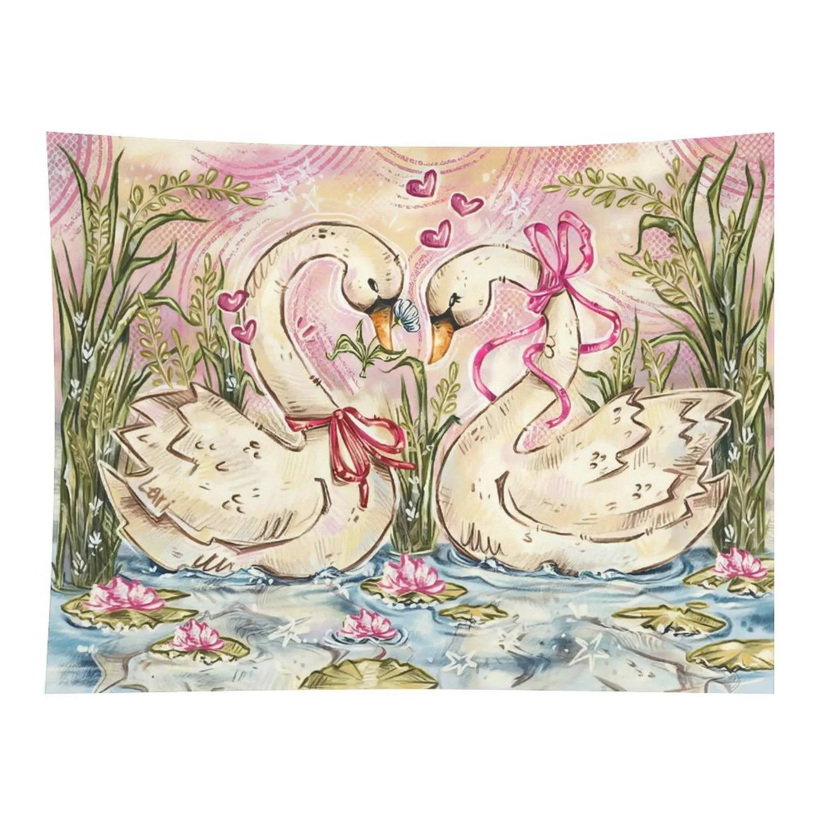 Watercolor Tapestry with Cute White Swans, Pink Ribbons & Lotus Pond Love Heart Pattern - Romantic Girls' Bedroom Wall Decor, Indoor Home Decor Supplies, Indoors, Girly Room Stuff