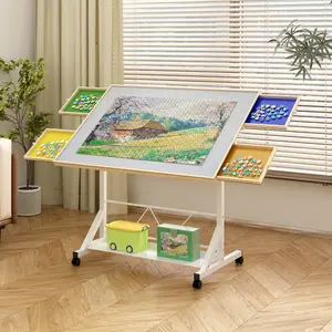 (WHITE) Wooden 1500 Piece Puzzle Table with Drawer, 35"*27.17" Adjustable Puzzle Table, 360° Tilting Puzzle Table with Legs and Wheels, Adjustable Height and Angle, with Protective Cover