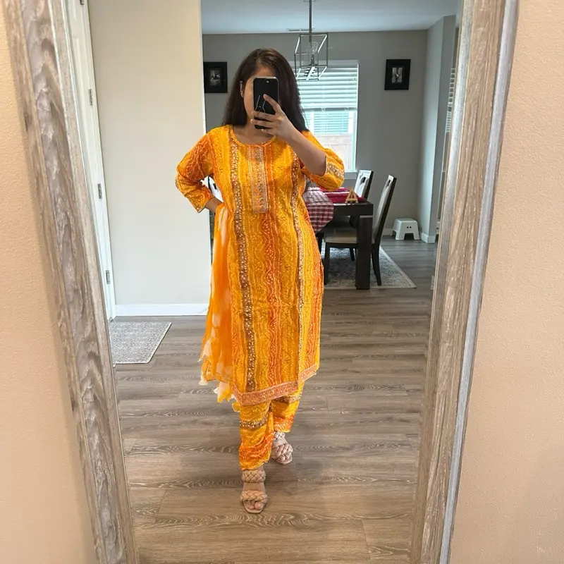 Women's Soft Traditional Yellow Chunari Print Cotton Kurta-Salwar Pant-Duppatta Set, Casual Elegant Women's Clothing Set