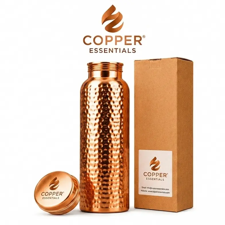 Copper Essentials Pure Copper Water Bottle 950 ML Handmade Ayurveda Healing with Natural Acidic Solution for Drinking Travel Hiking Gym Office Outdoor