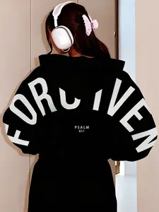 Women's Casual Trendy Oversized Long Sleeve Hoodie, Unisex Black "Forgiven" Psalm Printed Pullover, Fashion Letter Pattern, Comfortable Style Ideal for Streetwear