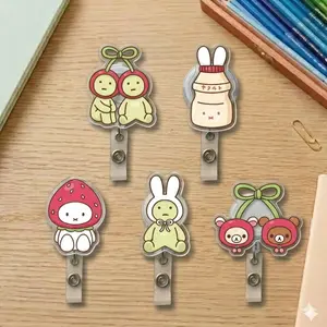 Kawaii Miffy Smiskii Strawberry Cherry Fruit Yogurt Retractable Badge Reel Cute Acrylic ID Holder For Nurse Teacher Student Gift Accessory