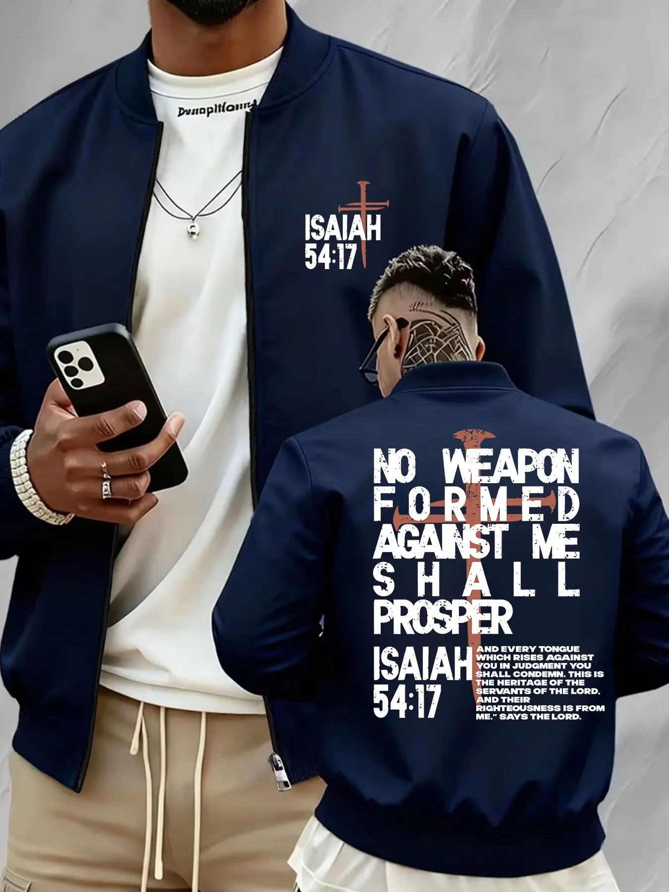 Men’s "No Weapon Formed Against Me" Cross Print Stand Collar Jacket, Inspirational Faith-Based Outerwear, Business Casual & Outdoor Sports Zip-Up Coat#Isaiah5417Jacket #FaithBasedOuterwear #MensBomberJacket #ChristianStreetwear #TikTokFashion