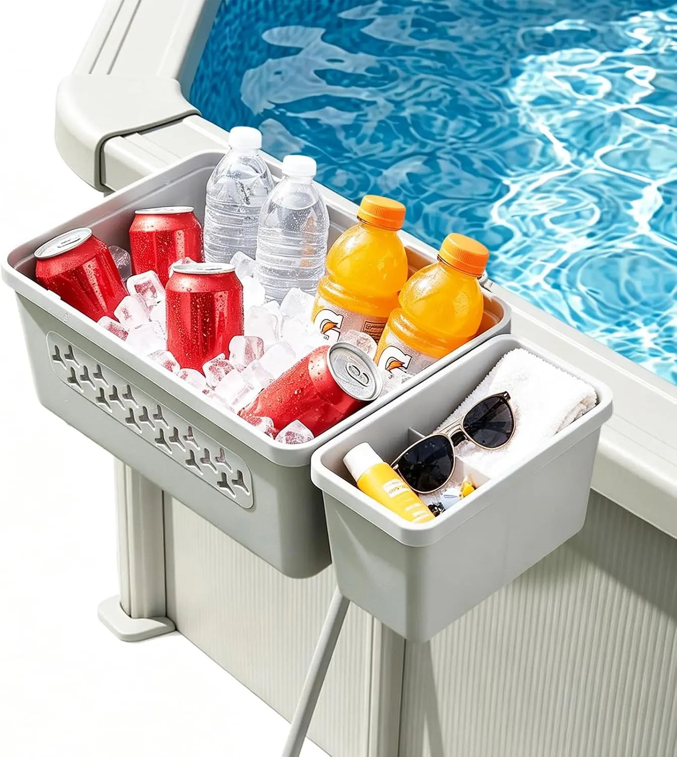 2-Pack Storage Basket for Steel Wall Above Ground Pool, Pool Storage Basket with Cup Holder & Towel Hooks, No-Drill Poolside Organizer for Steel Wall Pools, Fits 5"-9" Top Rails