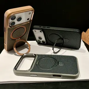 Luxury For Magsafe Shockproof Protective Frame Armor Case For iPhone 13 15 12 14 16 17 Pro Max Metal Bracket Carbon Fiber Pattern Cover