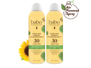 Babo Botanicals Sheer Zinc Mineral Sunscreen Spray SPF 30 Duo – Air-Powered Spray – Water Resistant (80 Minutes) – Dermatologist Tested – Fragrance Free – 6 fl oz (177 ml) Each