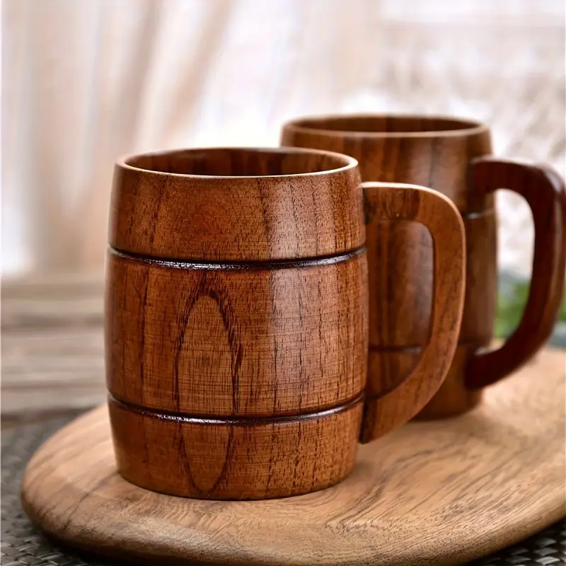 Solid Wood Barrel Mug, With Ergonomic Handle Heat Insulated Wooden Coffee Beer Mug, Cozy Mug, Large Capacity Food Safe Multipurpose Drinking Cup, Reusable Coffee Cup, Ideal Gift for Party Gathering Home Bar, Drinkware Insulation Washable Coffee Mugs