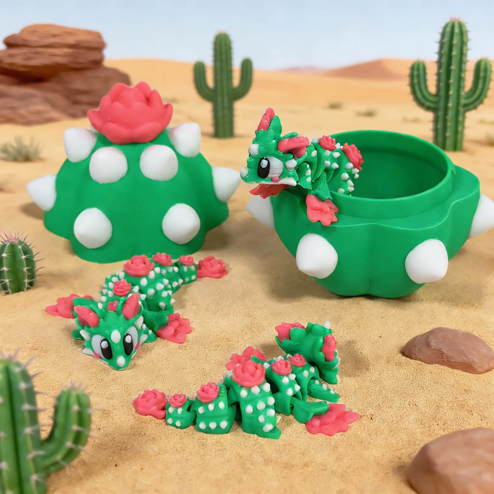 3D Printed Cute Cactus Dragon + Egg Set Model, Plastic Desktop Decor Sculpture, Holiday Gift, Adorable Desk Ornament, Home Decor, Desktop Ornaments, Decorative Ornaments