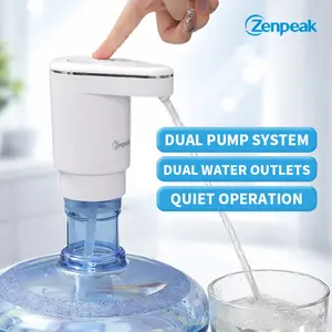 Zenpeak Dual Pumps Electric Water Pump, 2X Faster Flow Water Dispenser Pump, Dual Spouts, 3 Modes One-Touch, Quiet, USB Charging, Fits 2-5 Gallon Water Jugs, Portable for Home Kitchen Office Camping, White