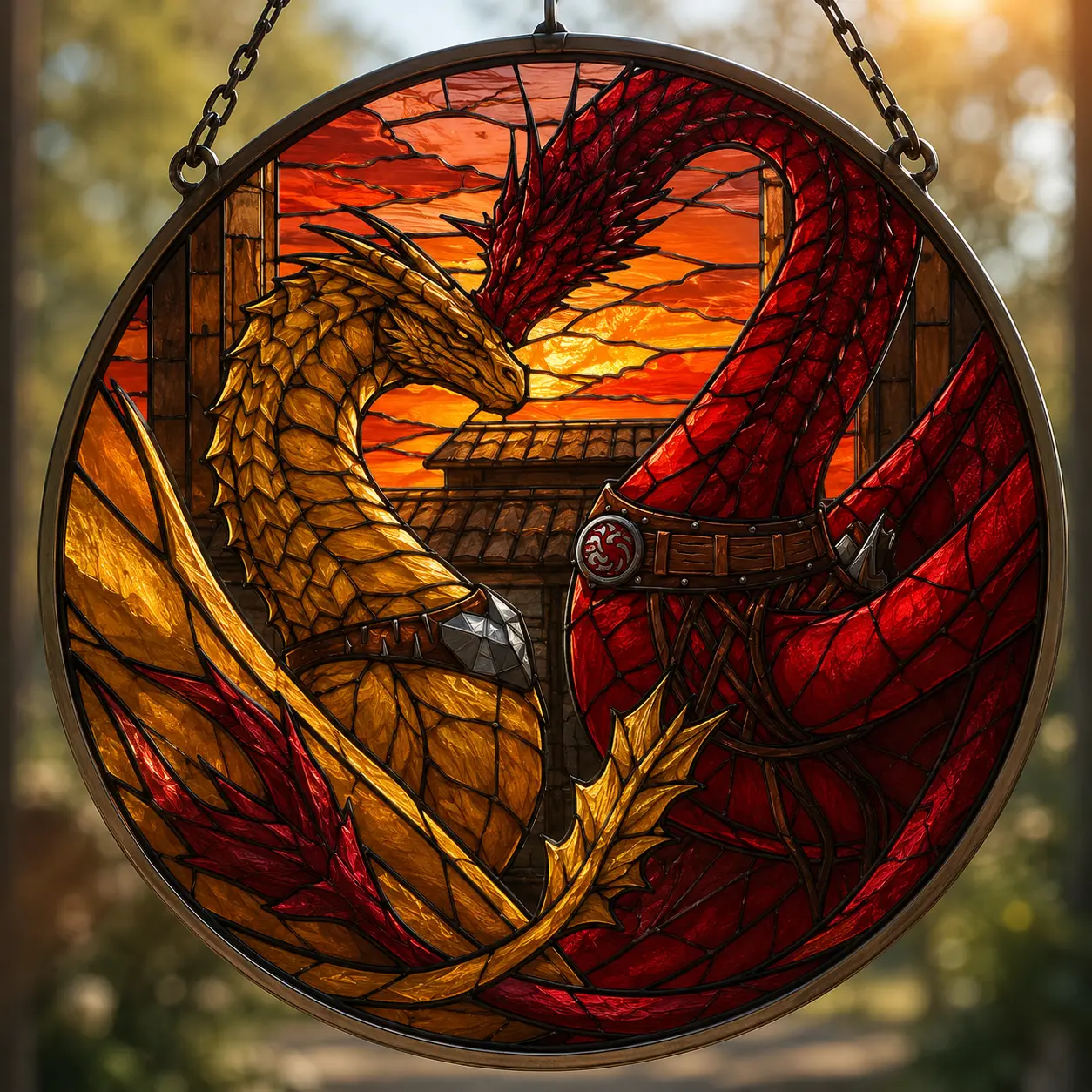 House of the Dragon Suncatcher | Syrax and Caraxes Window Hanging Decor | Game of Thrones Faux Stained Glass Art | Fire and Blood Team Black Dragon Rider Merch | Ultimate Fantasy Gift for TV Show Fans