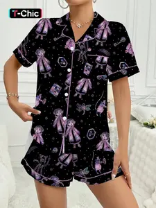Ladies Coraline Print Short Sleeve Pajama Set, Comfortable Sleepwear for Sleep and Leisure, Cute Fit for Summer, Shorts Pj Set